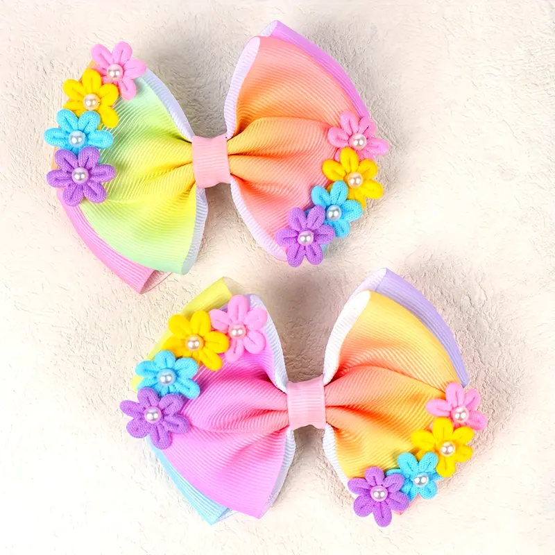 2pcs Floral Hair Bows with Small Flower Accents