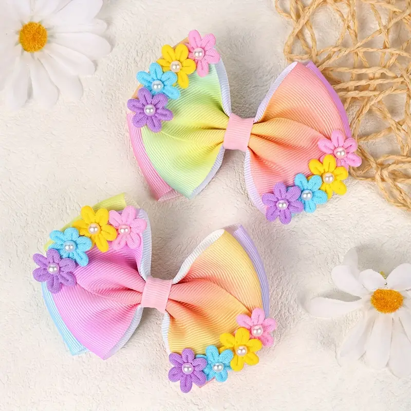 2pcs Floral Hair Bows with Small Flower Accents - Image 3